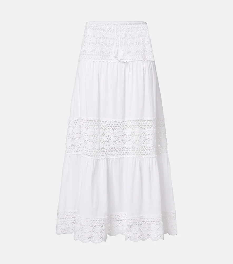 Filigree crochet-trimmed cotton maxi skirt