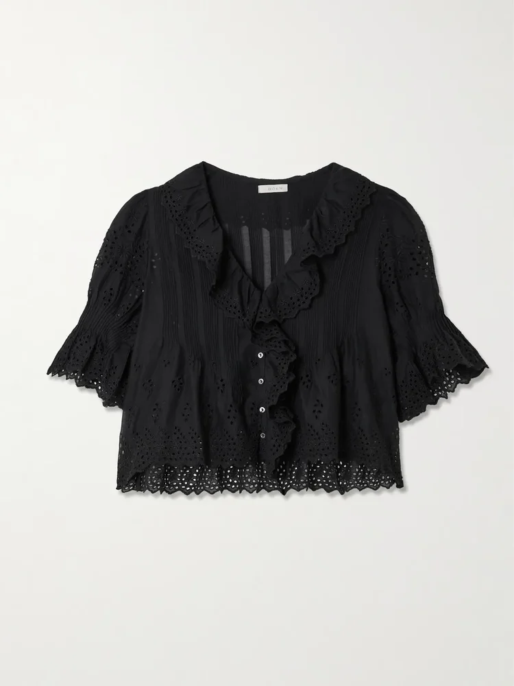 Henri Cropped Ruffled Pintucked Broderie Anglaise Cotton Top