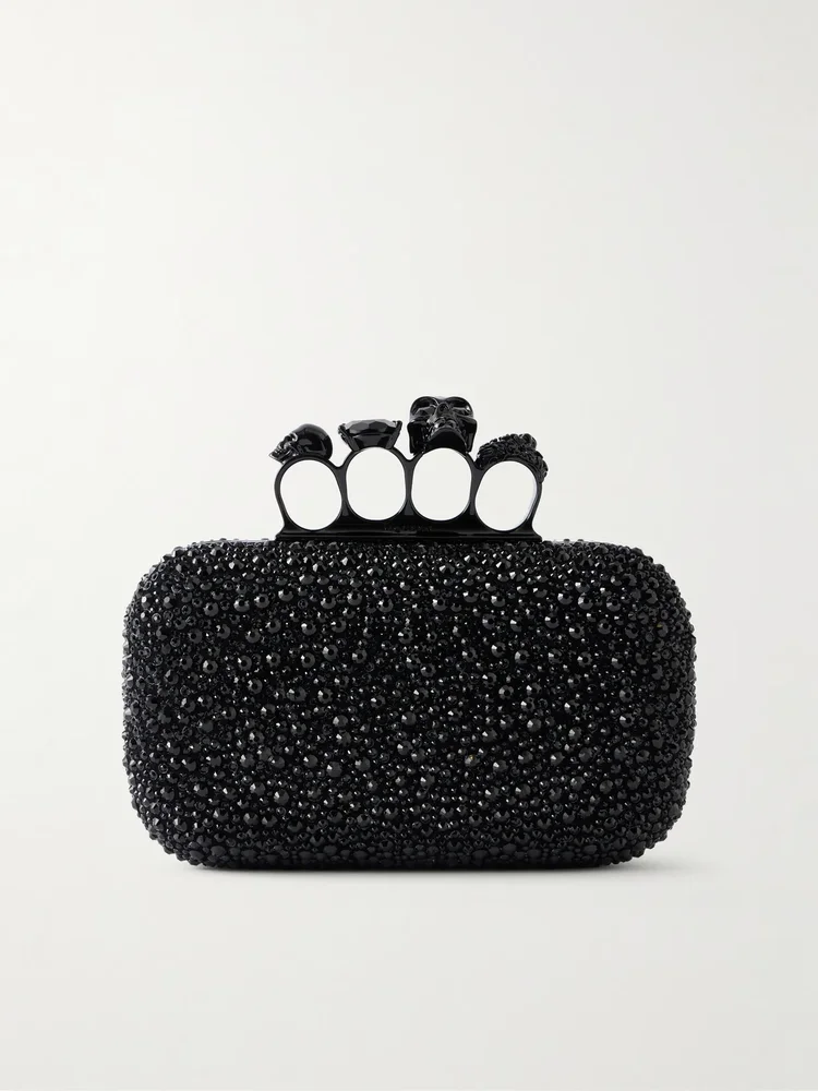 Knuckle crystal-embellished suede clutch