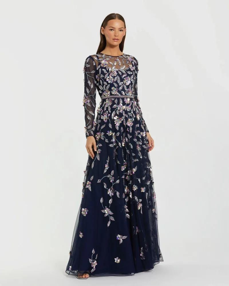Long Sleeve Floral Embellished Evening Gown