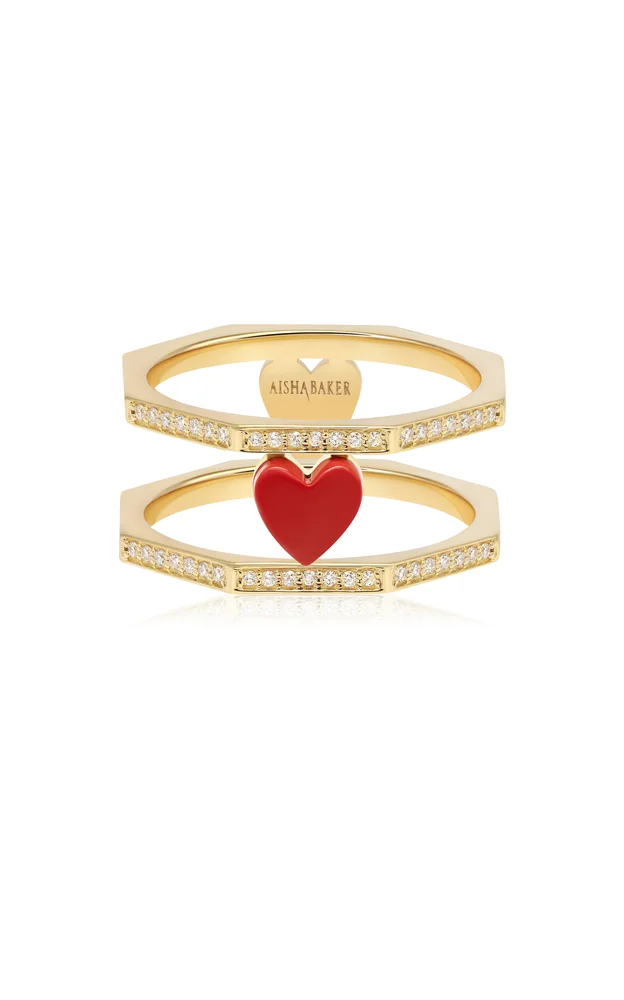 Open Heart 18K Yellow Gold Diamond And Enamel Ring