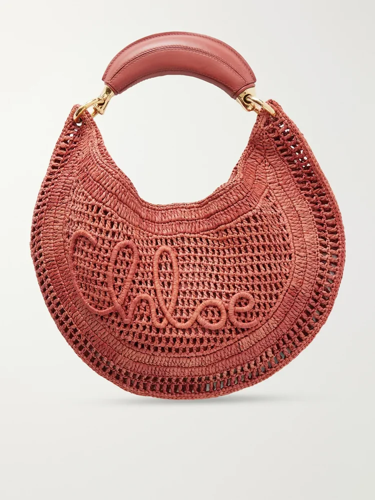 Summer Banana leather-trimmed embroidered raffia tote