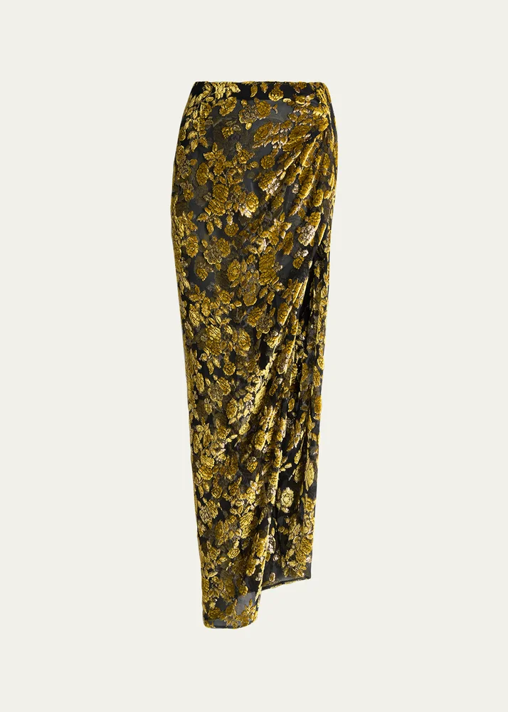 Floral Velvet Jacquard Draped Slit Maxi Skirt