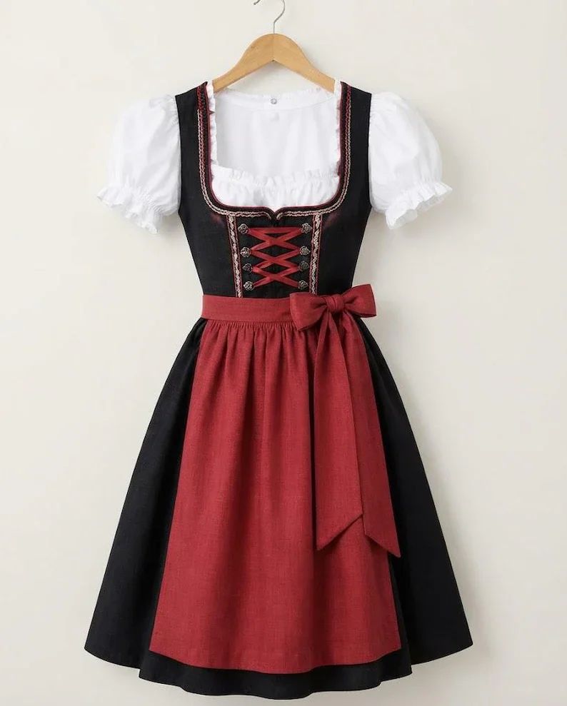 Traditional Bavarian Dirndl Dress for Women | Black & Red | Authentic German Oktoberfest Outfit | Alpine folk costume