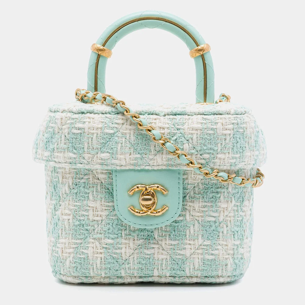 Crush Vanity Case Mini Light Green/White Tweed Leather Top Handle Bag