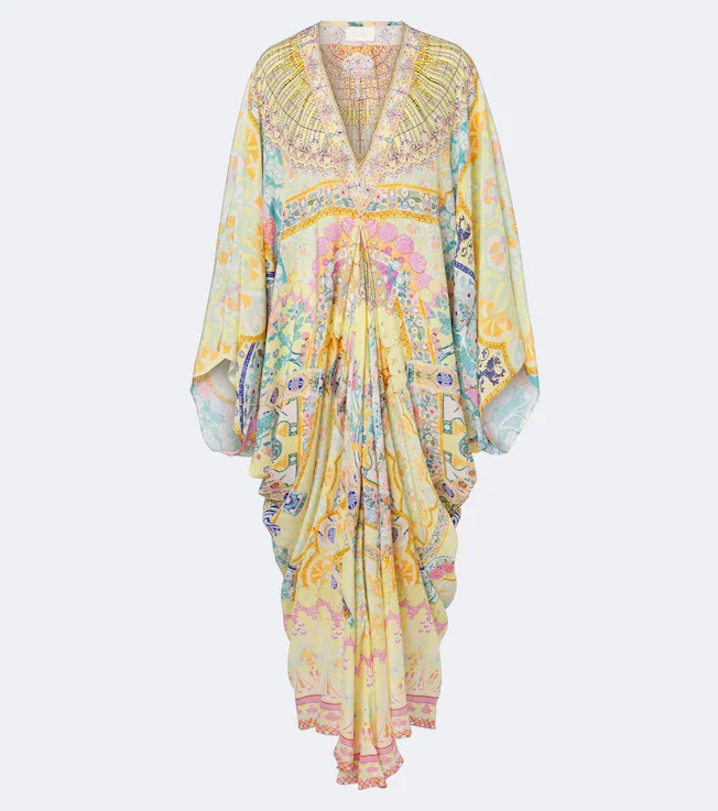 Floral embellished draped silk kaftan