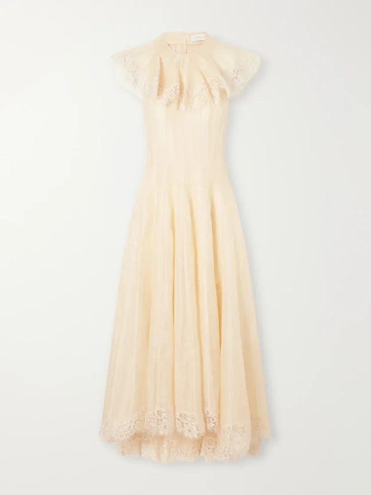 Ascent open-back lace-trimmed linen and silk-blend midi dress