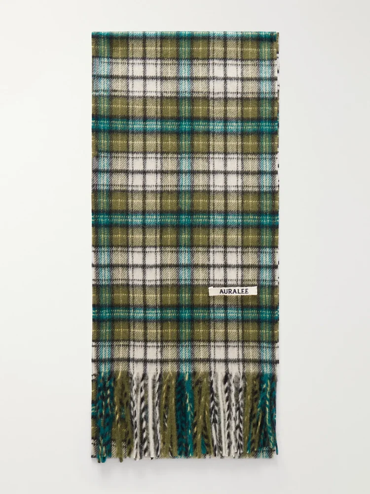 Fringed checked cashmere scarf