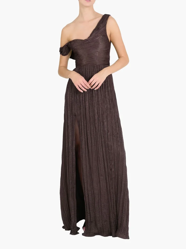 One-Shoulder Pleated Satin Gown