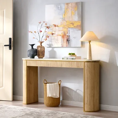 63" Modern Fluted Console Table, Narrow Entryway & Sofa Table With Marble-Pattern Top For Living Room Hallway Foyer