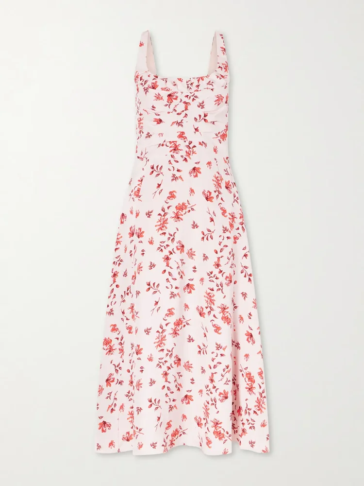 verena ruched floral print silk midi dress