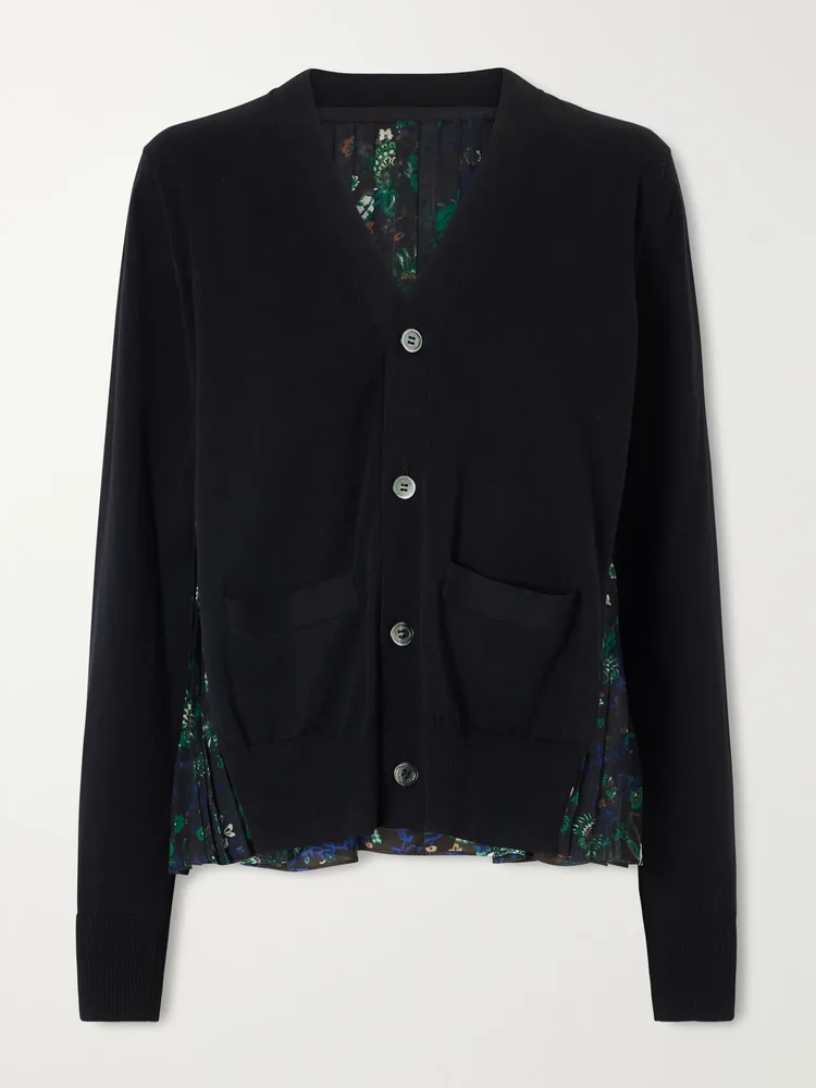 Layered floral-print mesh-trimmed cotton cardigan