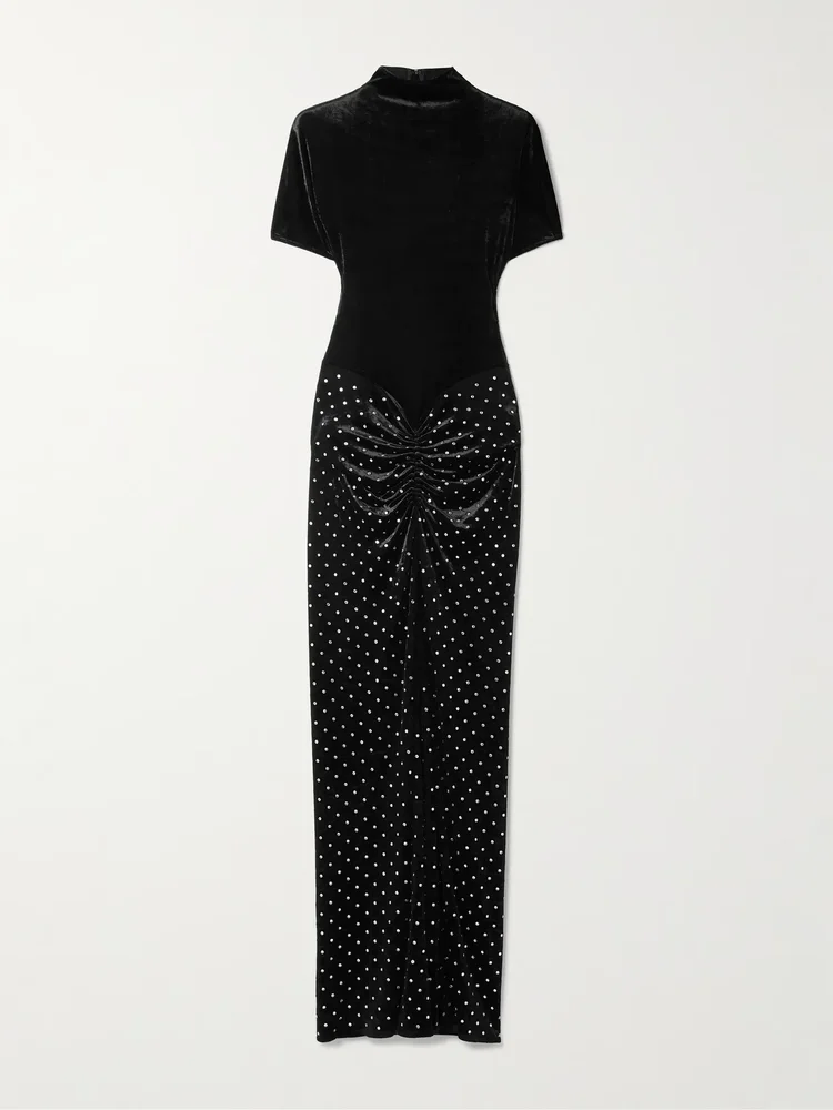 Crystal-embellished ruched velvet midi dress