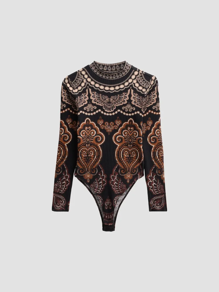 Nicole Paisley Ribbed-Jersey Bodysuit