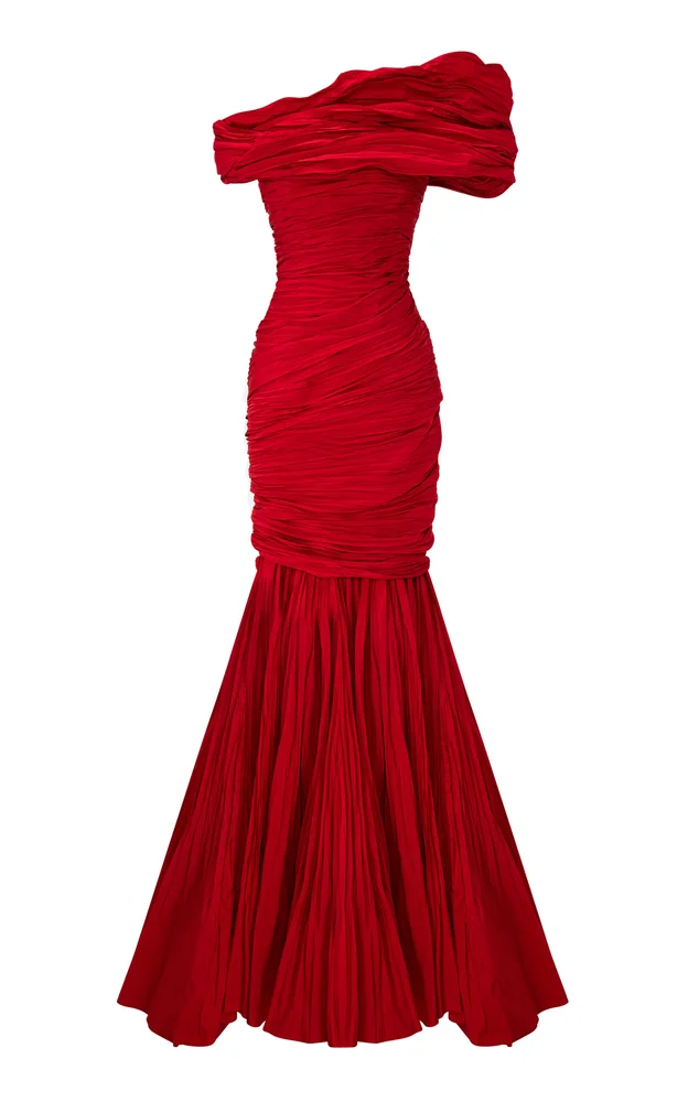 Strapless Pleated Taffeta Gown With Cape