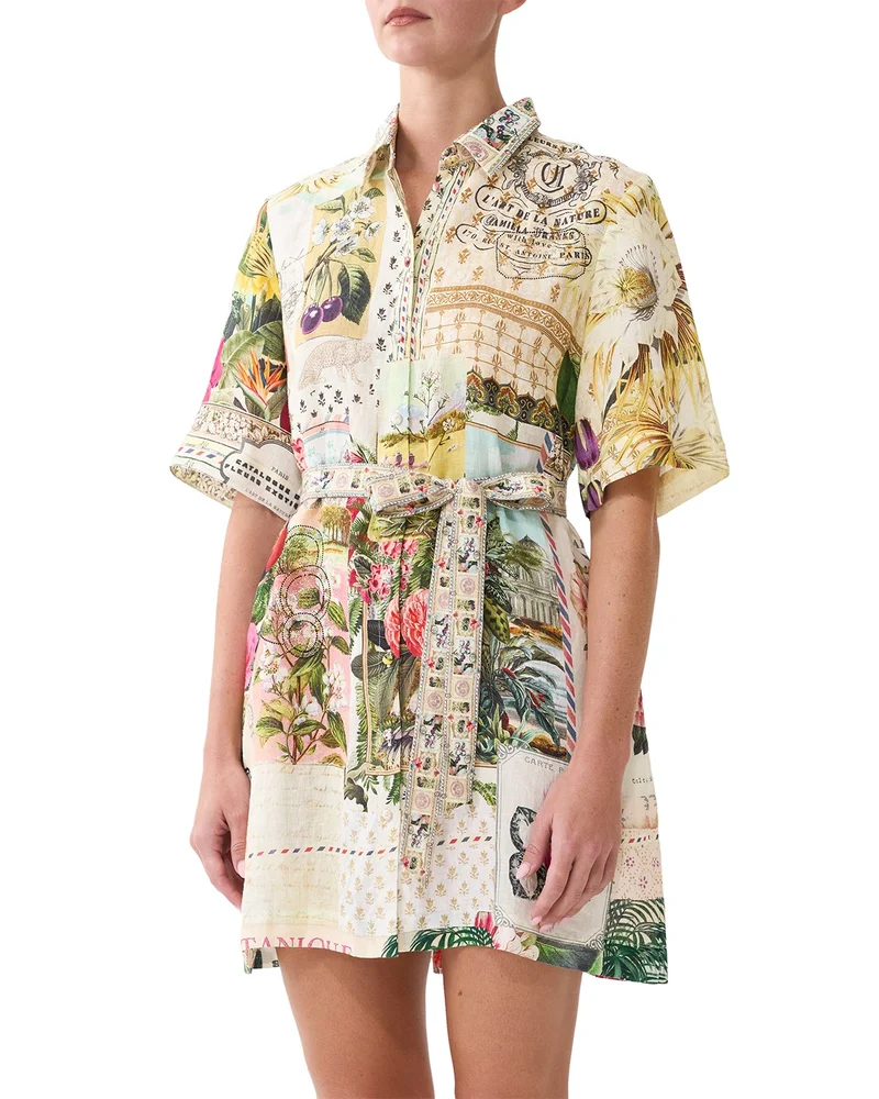 Linen Short Sleeve Tie Waist Shirt Dress