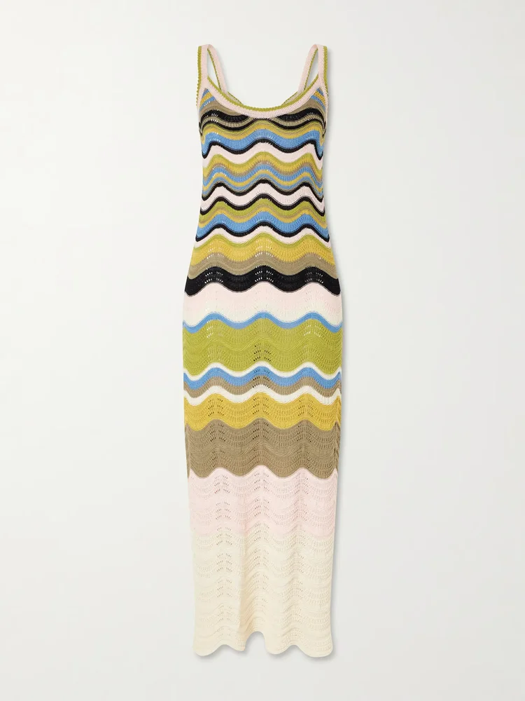 Scalloped striped crocheted cotton maxi dress