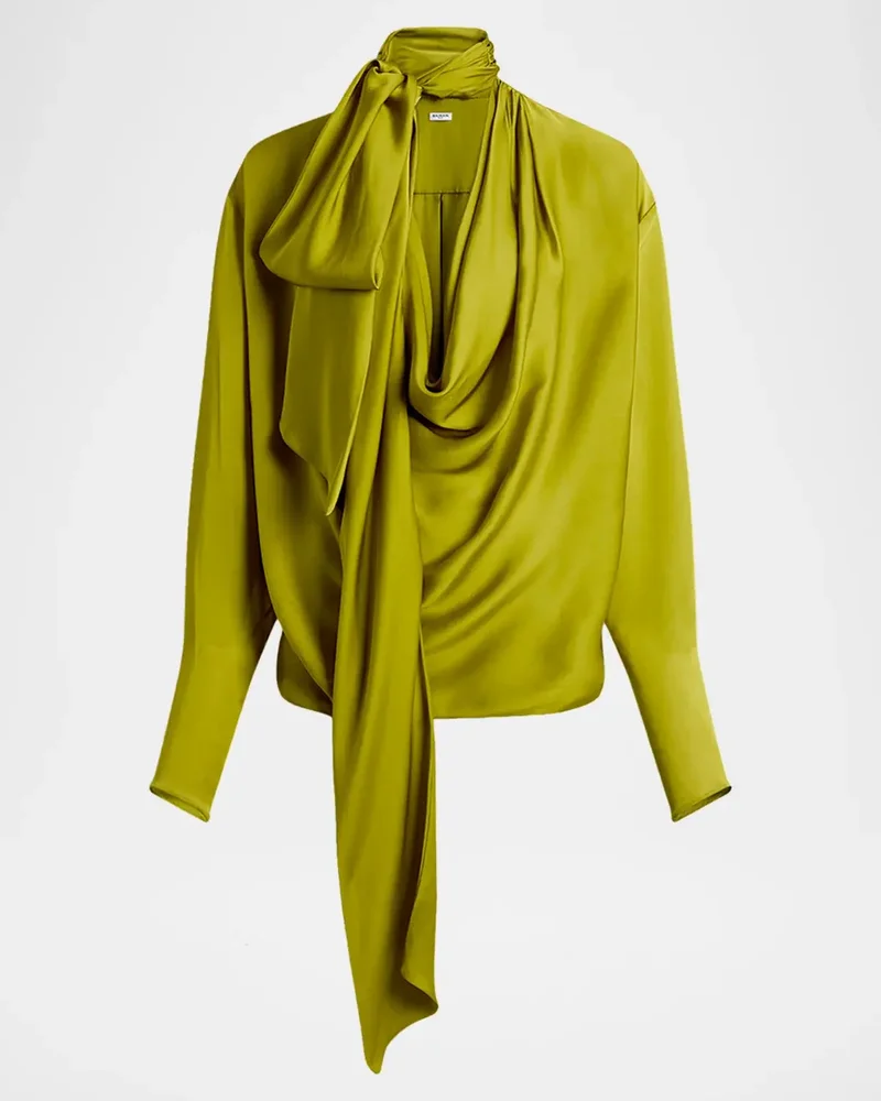 Long-Sleeve Draped Mousseline De Soie Neck-Scarf Blouse