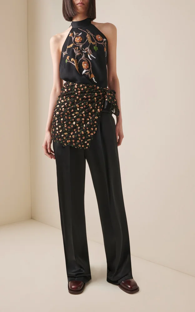 Pleated Satin Straight-Leg Pants