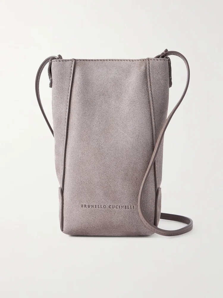 Embellished leather-trimmed suede pouch