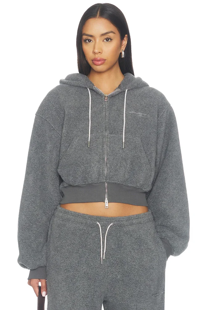 Shrunken Zip-up Hoodie With Rhinestone Drawcord