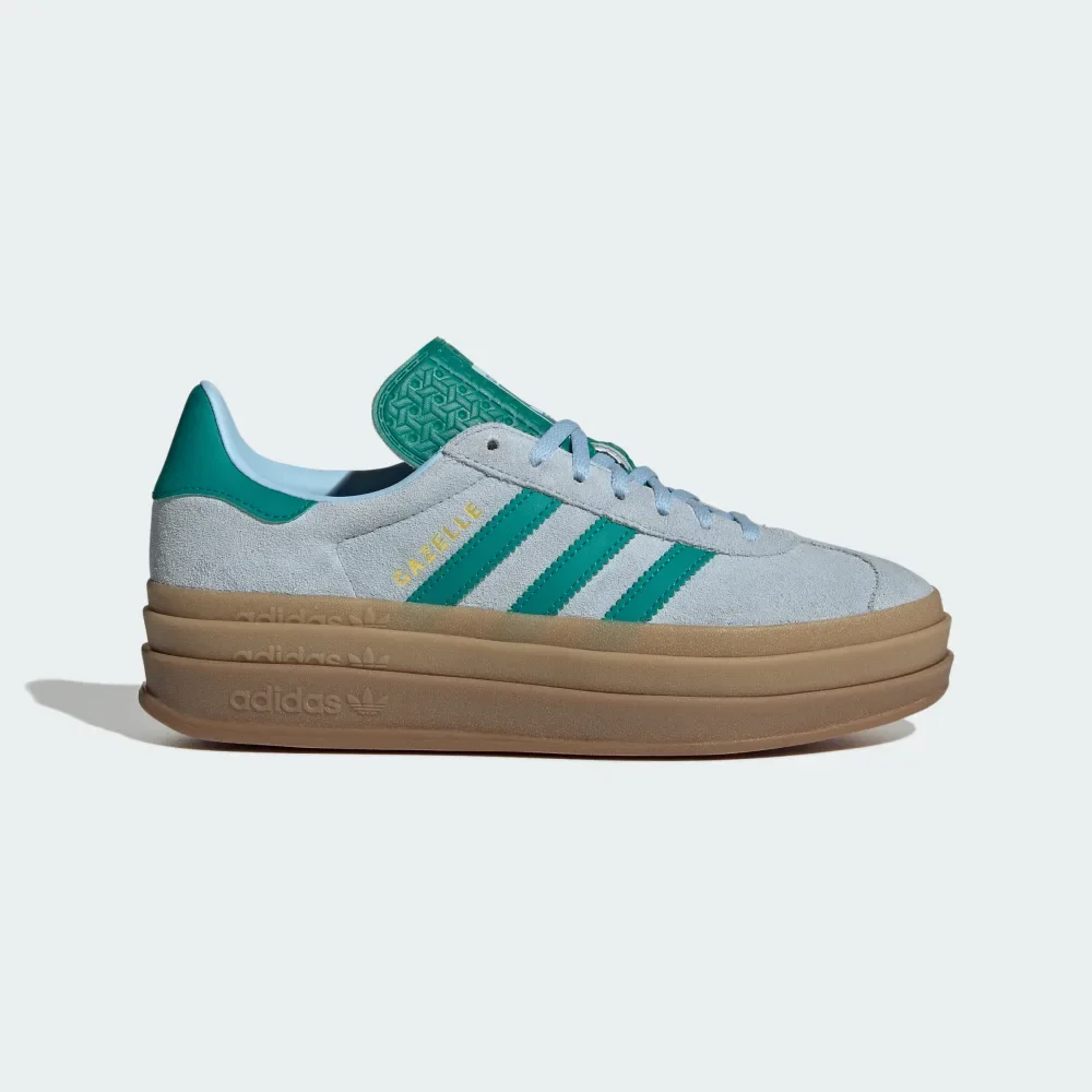 Gazelle Bold Shoes in Clear Sky/Equipment Green/Gold Metallic