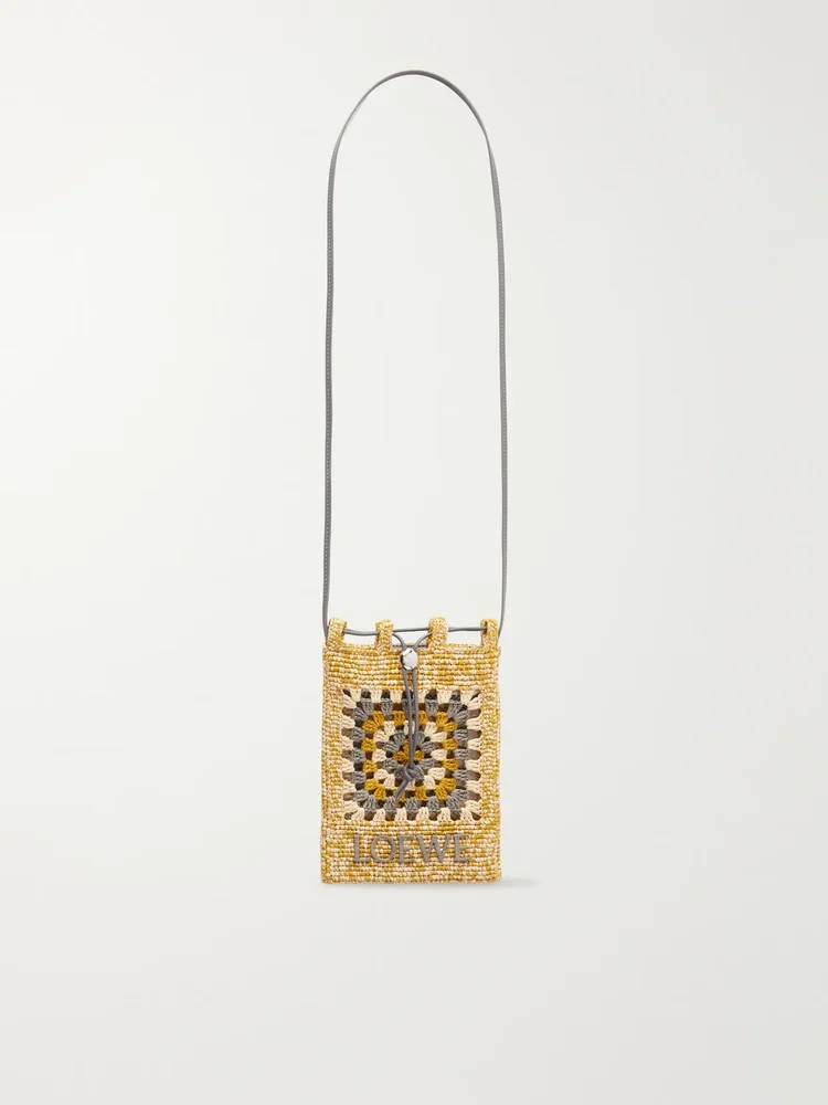 plus paula s ibiza leather trimmed crocheted raffia bucket bag