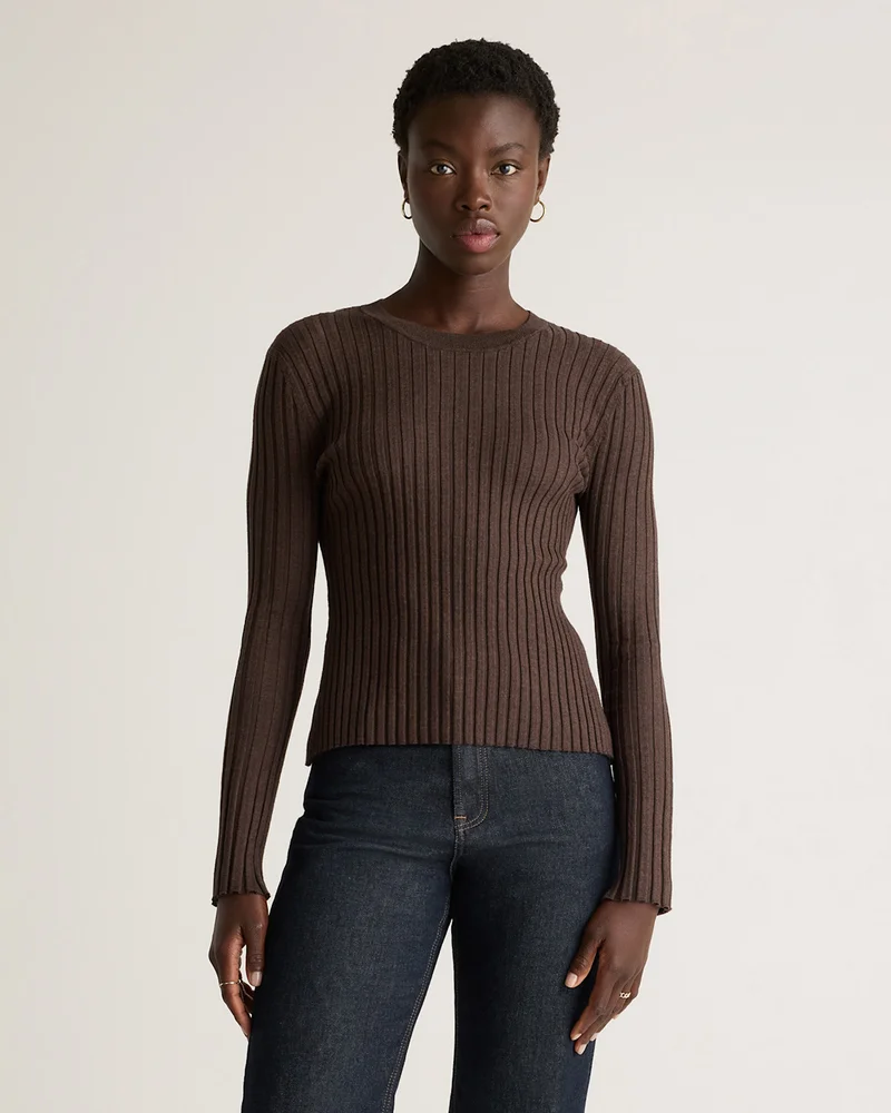 Cotton Cashmere Ribbed Long Sleeve Sweater in Mocha Heather