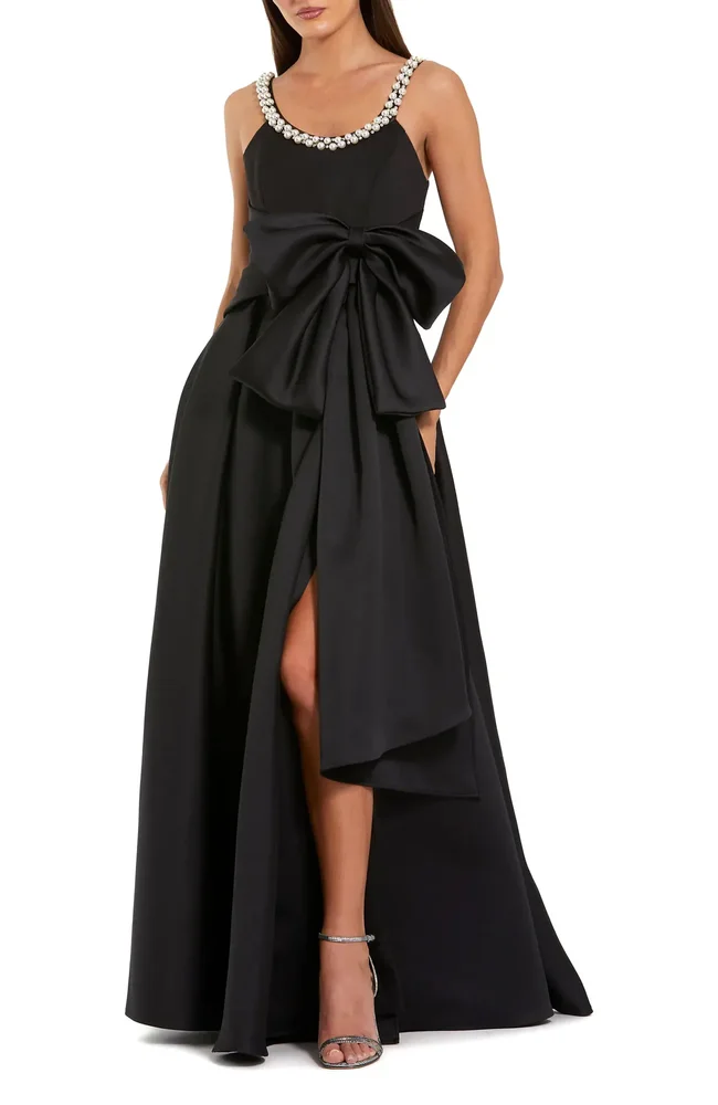 Satin Gown With Pearl Neckline and Bow Detail