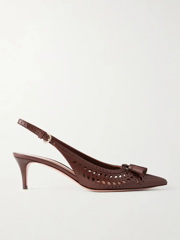 55 Laser-cut leather kitten heel slingback pumps