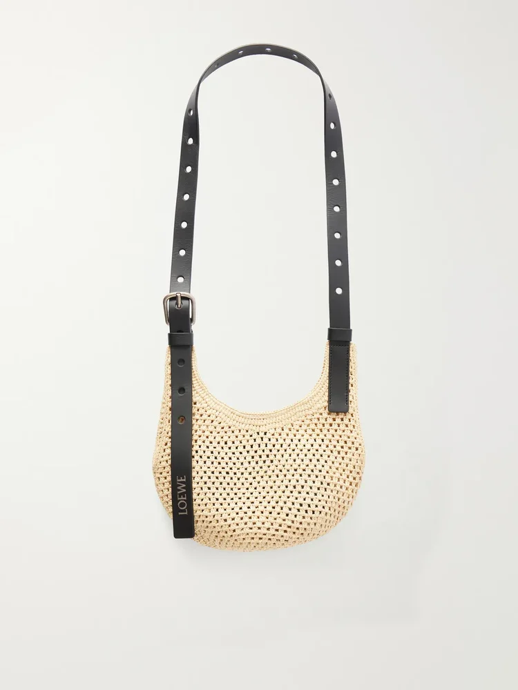 plus paula s ibiza punch hole mini leather trimmed raffia shoulder bag