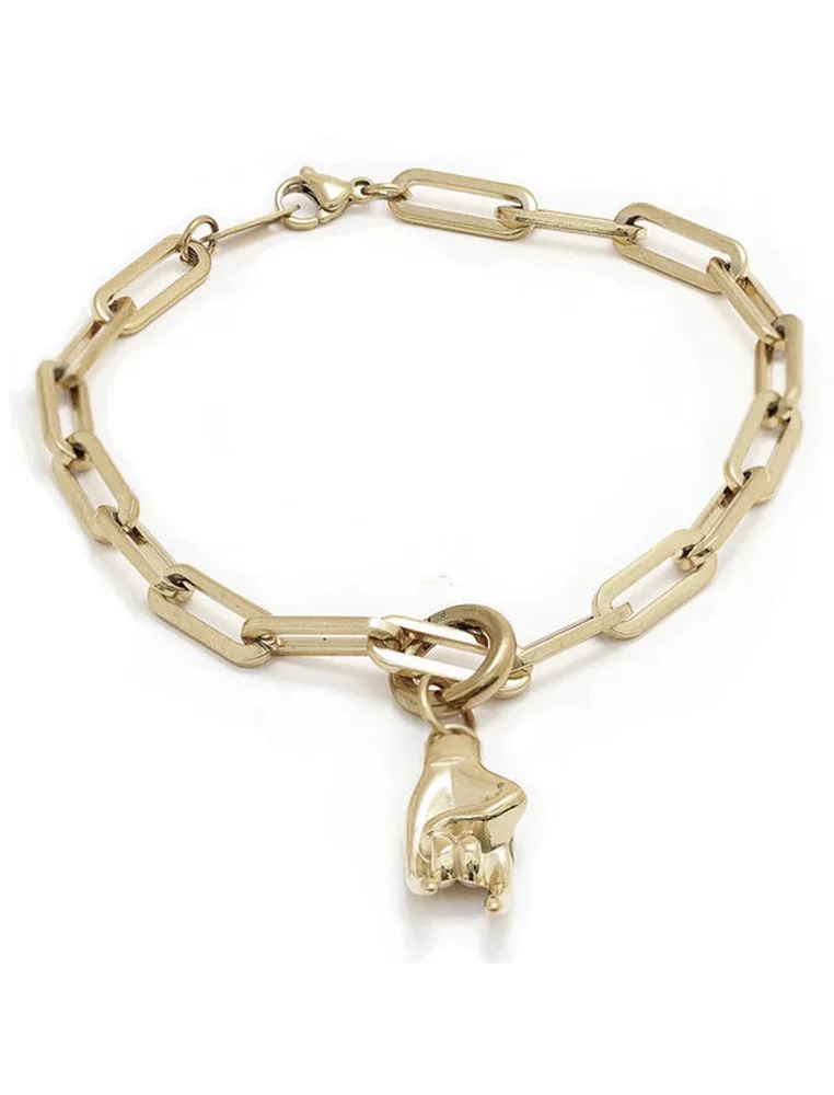 ITALIAN HAND Charm Medium Paperclip Link Chain Bracelet | Silver Stainless Steel (Waterproof), 7 inch