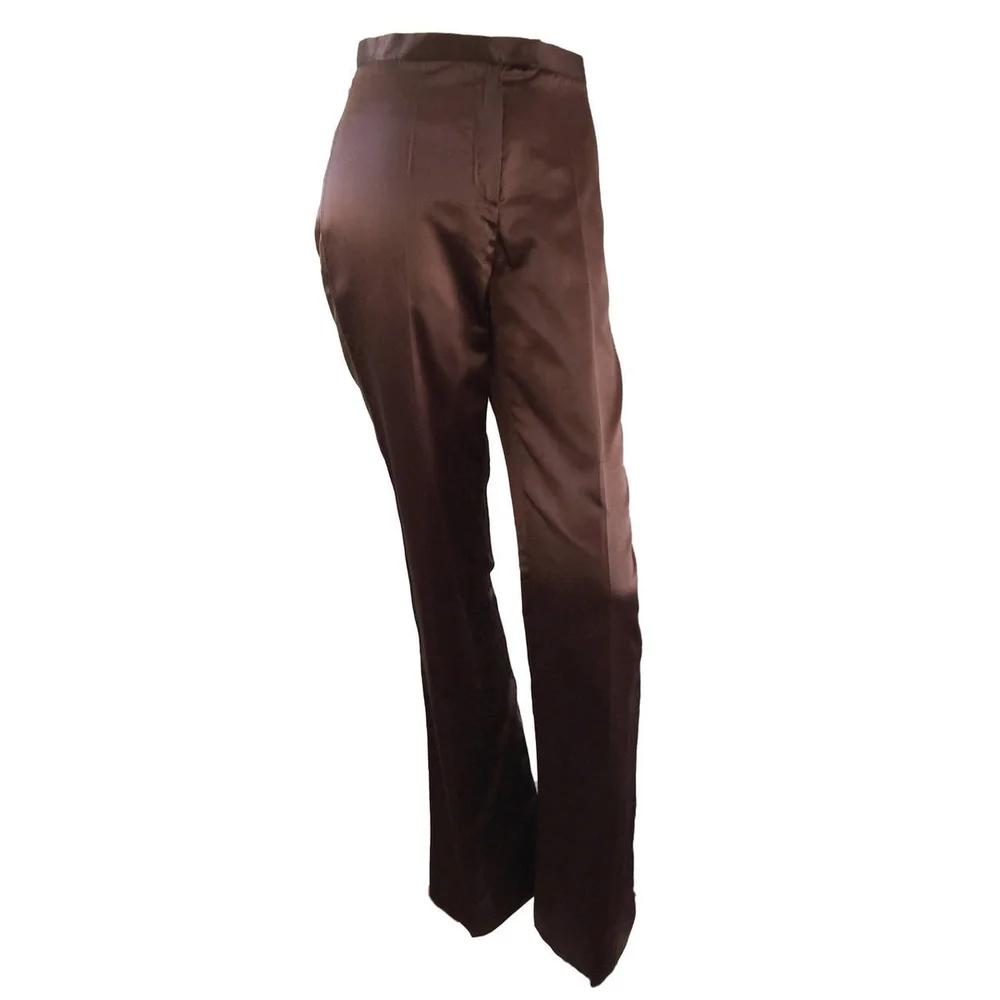 New 1990s Regina Rubens Brown Silk High Waisted Flared Leg Trouser Pants