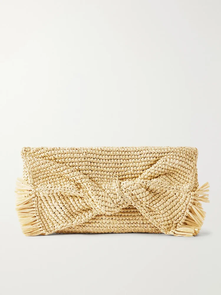 Bow leather-trimmed raffia clutch