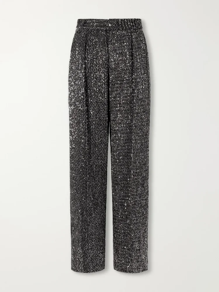 Pleated sequined metallic crochet-knit straight-leg pants