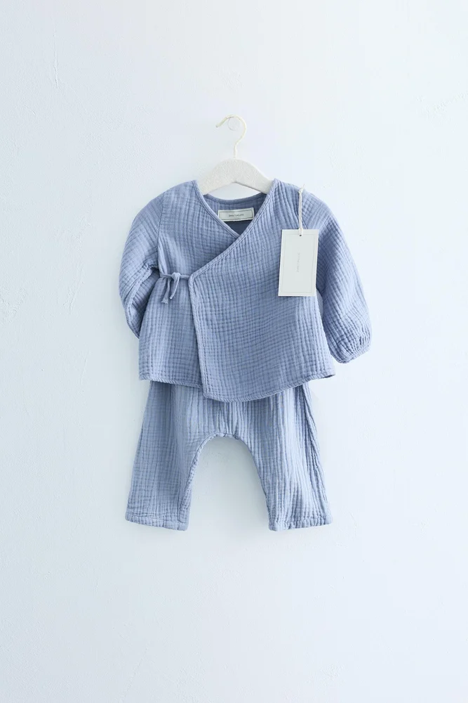 Zara Timeless Wrap Shirt and Textured Pants Set (Mid-Blue)