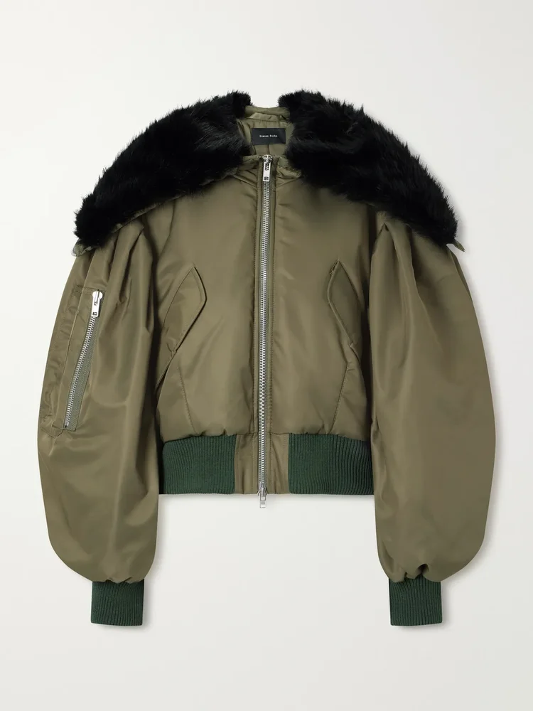 Hooded cropped plush-trimmed shell bomber jacket