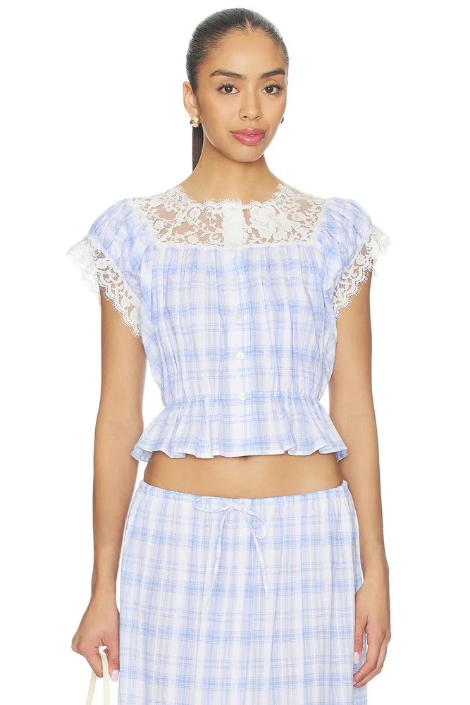 Lace Trim Button Check Top