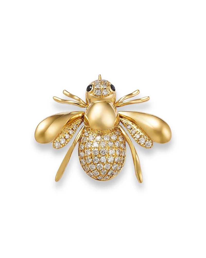Black & White Diamond Bee Brooch in 14K Yellow Gold, 0.25 tcw