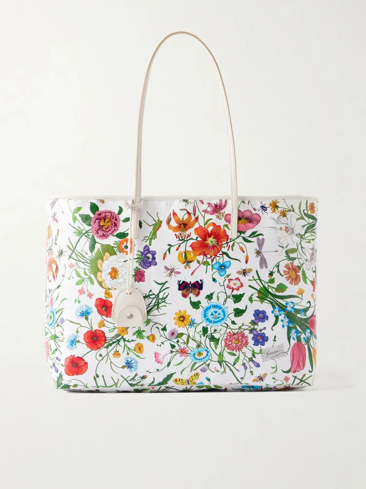 Leather-trimmed floral-print coated-canvas tote