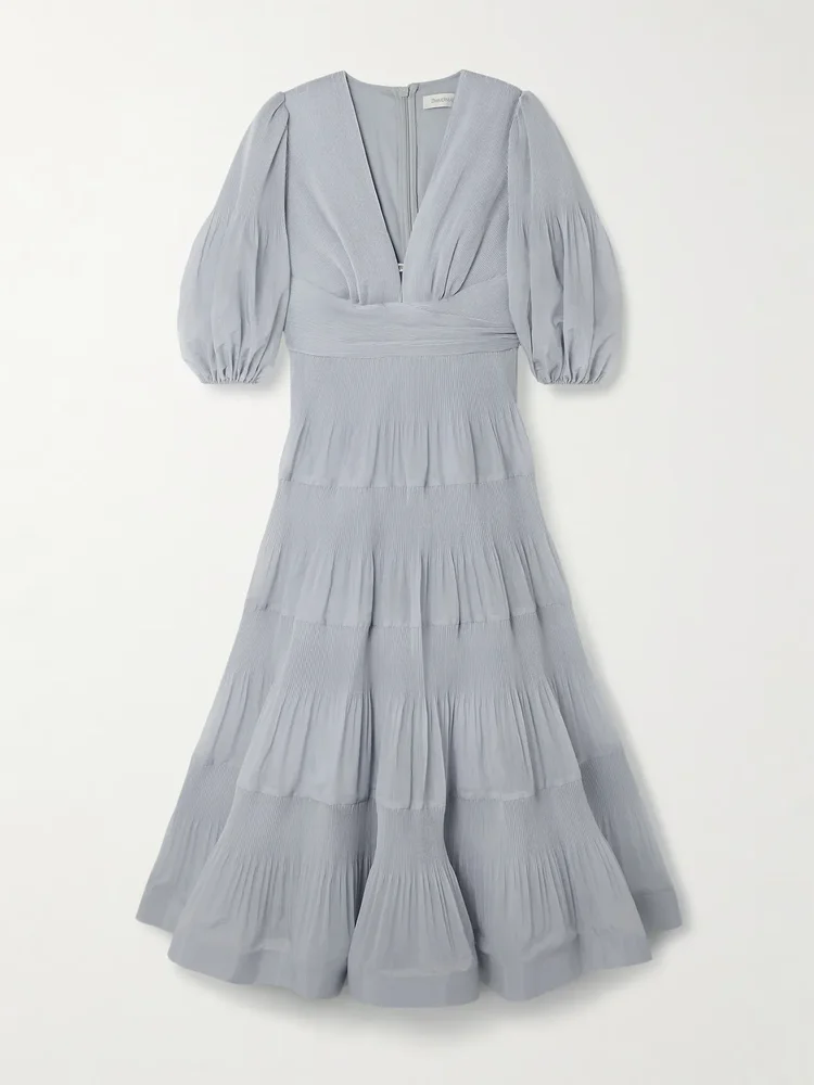 Tiered plissé silk-organza midi dress