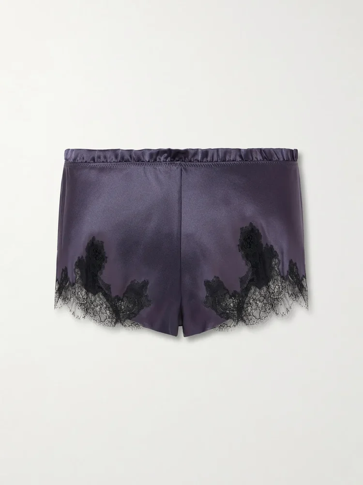 Lace-trimmed silk-satin shorts
