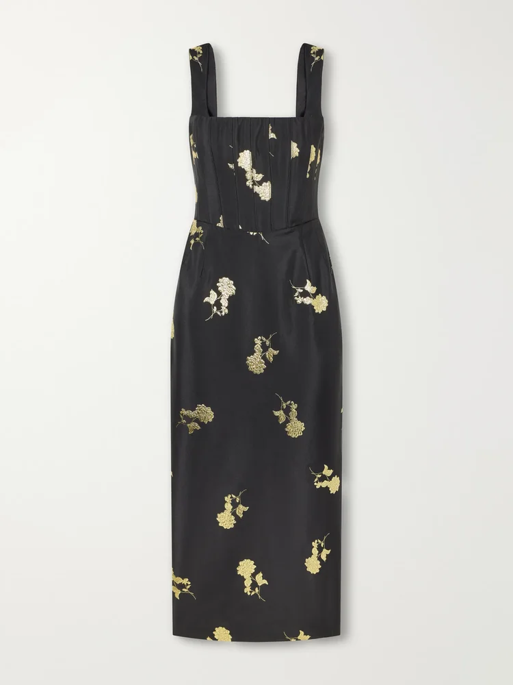 Mariya floral-embroidered bustier midi dress