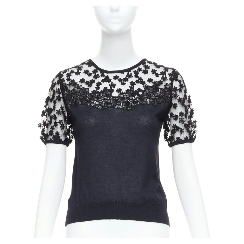 Giambattista Valli black cashmere silk floral sheer lace panel sweater IT38 XS