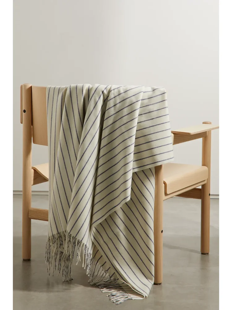 Fringed Striped Cashmere Blanket, Off-white