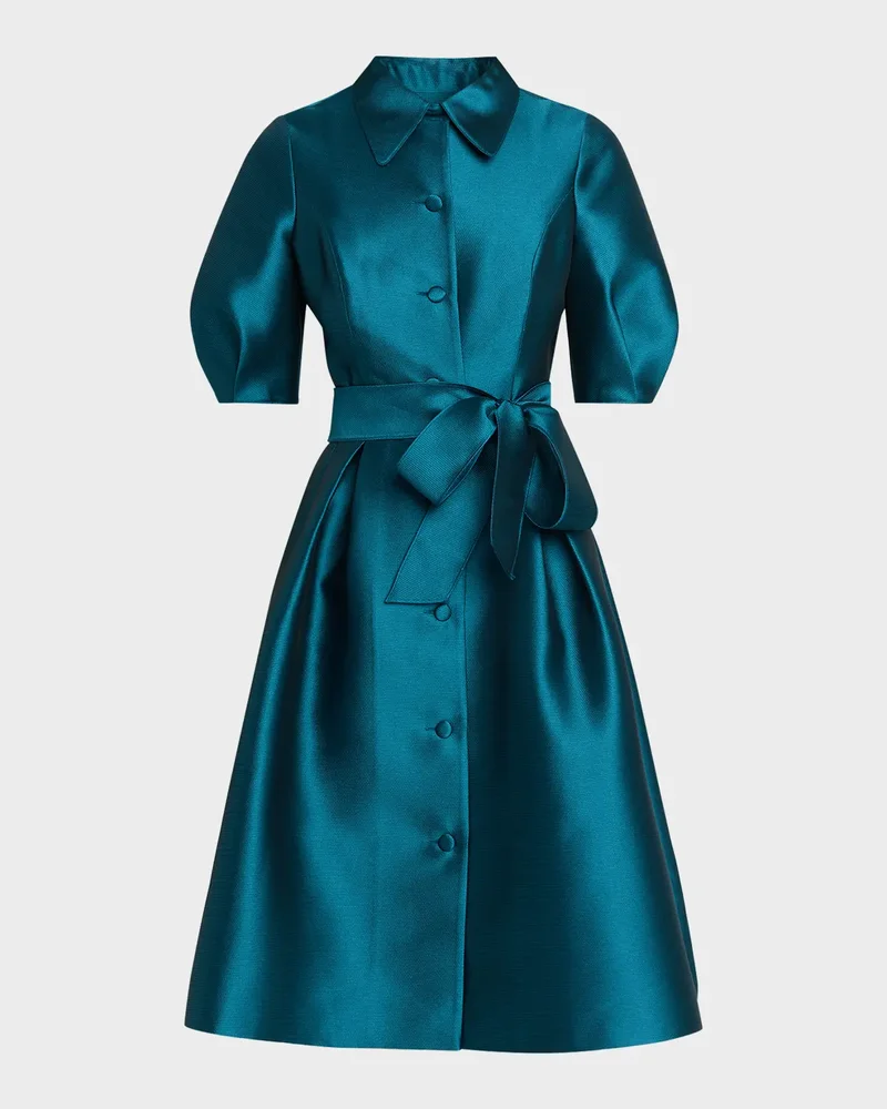 Puff-Sleeve Pique Faille Shirtdress