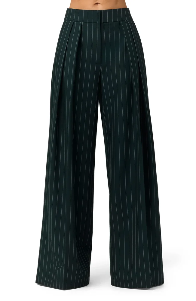 Pinstripe Pleated Wide Leg Pants, Midnight Navy Teal