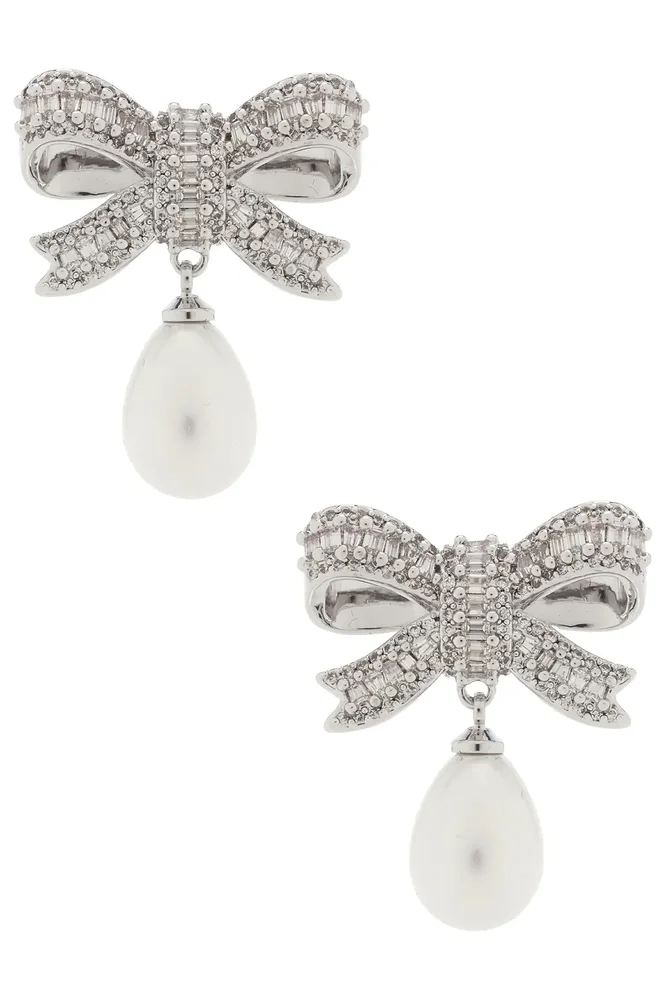 Crystal Bow Pearl Droplet Earrings