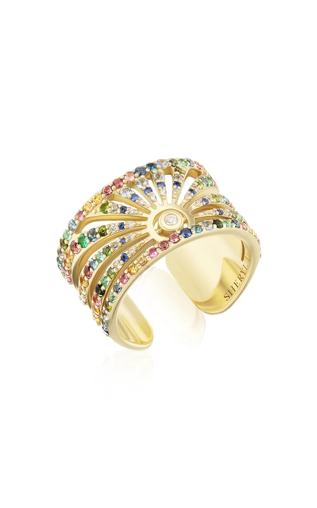 14K Yellow Gold Rainbow Gemstone Sunrise Mini Cuff Ring