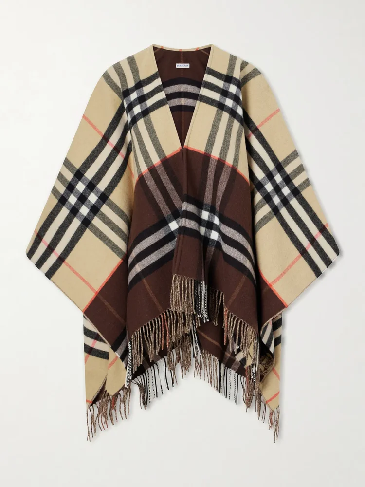 Fringed checked cashmere and wool-blend cape